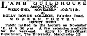 Lamb Guildhouse Association, Holly Royde College. Henry Reed on Modern Poetry: Saturday, November 10, 1945. Lamb Guild House